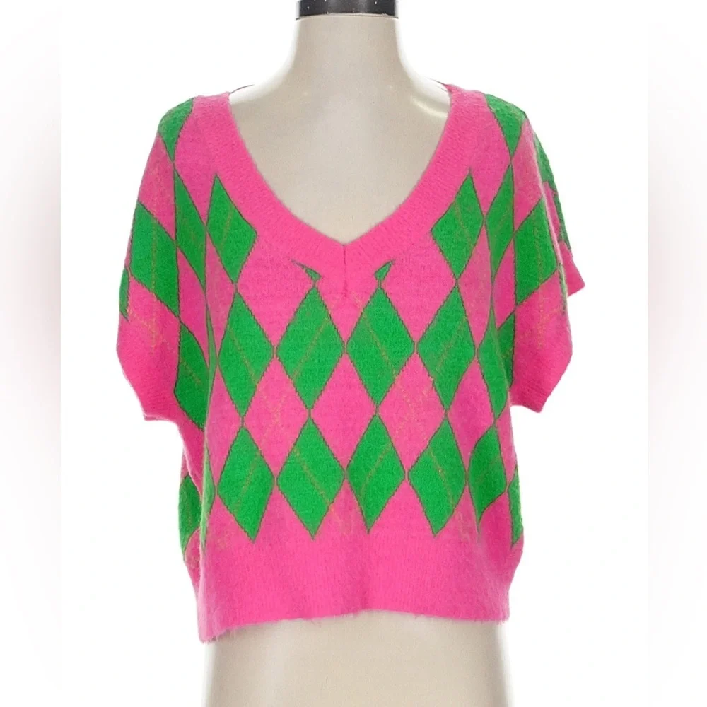Free People Short Sleeve Argyle Sweater Vest, spring outfit, layering